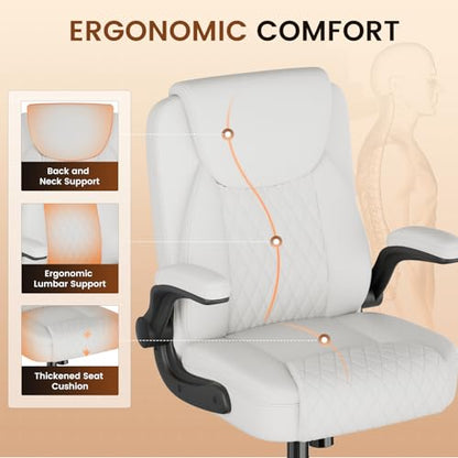 GTPLAYER PU Leather Office Chair, Home Desk Chair with Flip-up Arms, White | Ergonomic Back, Comfy Executive Chair for Home Office Gaming, Flexible Rocking, Heavy Duty Chairs - color: White