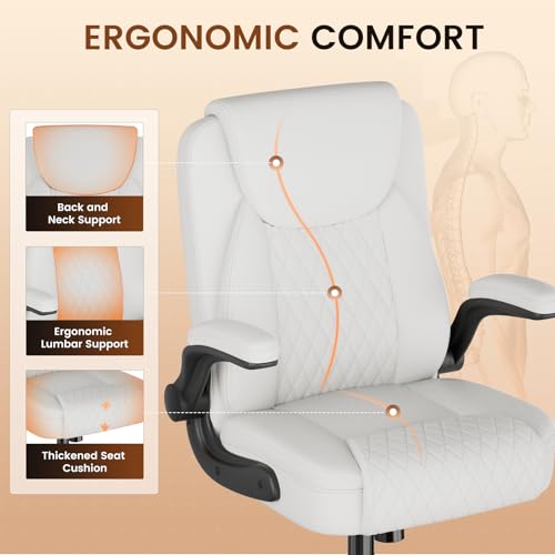 GTPLAYER PU Leather Office Chair, Home Desk Chair with Flip-up Arms, White | Ergonomic Back, Memory Foam Cushion, Comfy Executive Chair for Home Office Gaming, Flexible Rocking, Heavy Duty Chairs - color: White