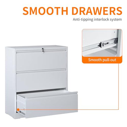 3 Drawer Lateral File Cabinet with Lock,White Metal Filing Cabinet - color: White, size: 40.4"H-3 drawers