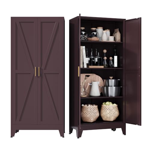 COFaR Metal Pantry Cabinet, Kitchen Storage Cabinets with 2 Barn Door, 3 Adjustable Shelves and Legs, for Cupboard/Dining Room/Bathroom/Living Room/Office/Laundry Room (Red, 61" Farmhouse) - color: Red, size: 61" Farmhouse