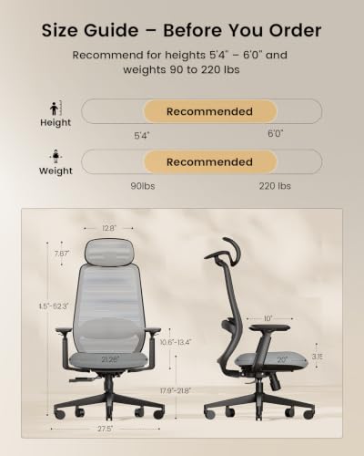 ProtoArc EC200 Ergonomic Office Chair with Adjustable Seat Depth, Grey | Lumbar Support, High-Back, Mesh Desk Chair, Home Office 8+ Long Hours Sitting, For Remote Workers & Programmers - color: Grey