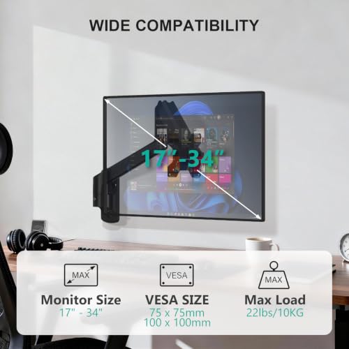 WALI Single Monitor Wall Mount for 17-34 inch Computer Screens，up to 22 lbs | Wall Mount Monitor Arm, Full Motion with Height Adjustment, Tilt, Swivel, Rotation, VESA 75/100mm (GSWM001), Black - color: Black (Single), size: Up to 34"