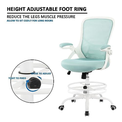HYLONE Drafting Chair Tiffany Blue, Tall Office Chair Standing Desk Stool with Adjustable Height, Foot Ring, Flip-Up Arms, Mesh High-Back Office Chair, White - color: Blue