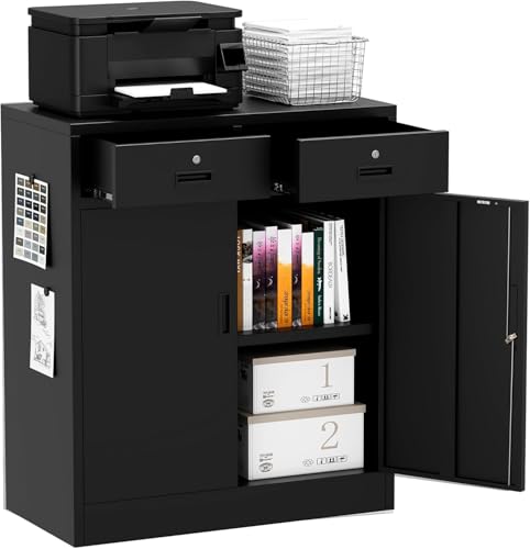 Metal Storage Cabinet, 36 Inch Tall Locking Cabinet with 2 Doors and 2 Drawers, Metal Cabinets with Adjustable Shelf, Garage Cabinets for Garage, Warehouse, Classroom, Home Office, Black - color: Black, size: 36"H&2Drawers