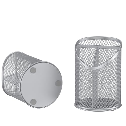 Delifox 2 Pack Pen Holder Mesh Round Pencil (Silver) - color: silver