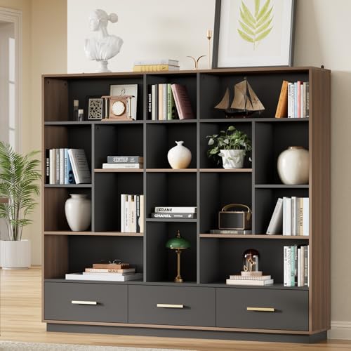 ModernMate 60" Wide Bookshelf with 3 Drawers & 16 Open Display Storage - color: Black Walnut