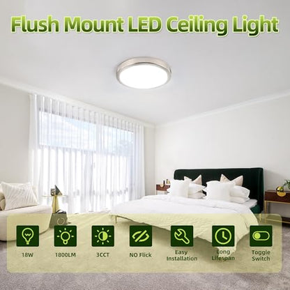 hykolity 9 Inch Selectable CCT LED Round Flat Panel Light,1800LM,2 Pack | 18W 3000K/4000K/5000K, Edge-Lit Flush Mount Ceiling Light Fixture for Kitchen, Bedroom, Laundry and Closet Room,Brush Nickel - color: Brush Nickel, size: 9 inch