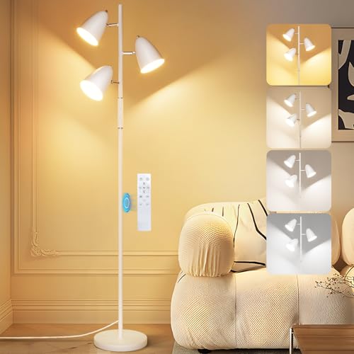 36W LED Floor Lamp for Living Room, Modern White 3-Light Tree Standing Lamp | Remote and Touch Control, 3 Rotatable Lights Heads, Stepless Dimmable, 4 Color Temperature, Stand up Lamps for Bedroom Home - color: White