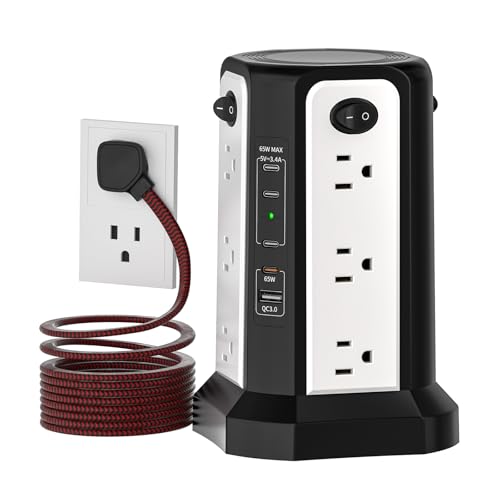 PD65W USB C Fast Desktop Power Strip Surge Protector | Desktop Charging Station, 12 AC Outlets|4 USB C|1 USB A, 10FT Extension Cord with Overload Protection for Home Office Dorm - color: Black White-4C1A