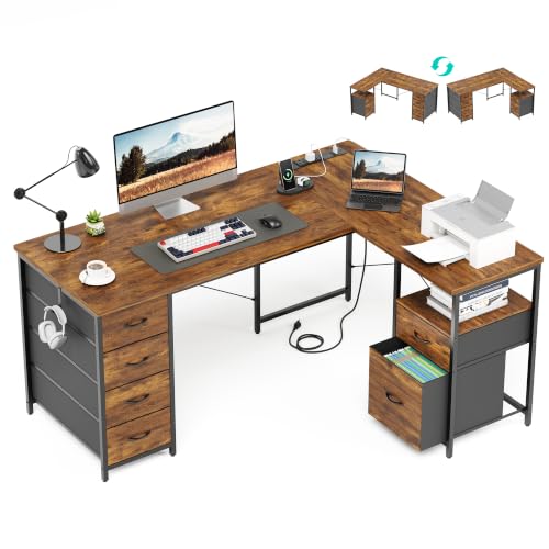55 Inch L Shaped Office Desk with 6 Drawers & Type-C Port, Rustic Brown - color: Rustic Brown, size: 55 Inch