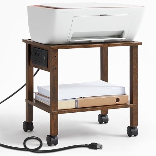 YUFAM 2 Tier Under Desk Printer Stand with Charging Station, Brown | Wooden Small Printer Table for Home Office, Rolling Printer Cart Shelf with Lockable Wheels - color: Brown, size: 11.8"D×15.7"W×15.3"H(With USB)
