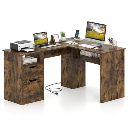 Tangkula 59" L-Shaped Executive Desk w/Power Outlets (Rustic Brown) - color: Rustic Brown