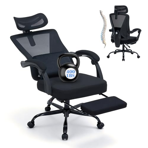 Ergonomic Office Chair with Footrest - Adjustable Lumbar Support & 3D Headrest, 90-160° Reclining Mesh High-Back Rolling Work Swivel Computer Chair-400lbs Capacity - color: Dark Black
