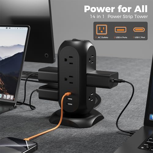 TESSAN Tower Power Strip Flat Plug with 1050J Surge Protection, 6 Ft, Black | 11 Outlets 3 USB (1 USB C), Surge Protector Power Tower, Extension Cord with Multiple Outlets, Dorm, Office Desk Supplies - color: Black, size: 6 Feet