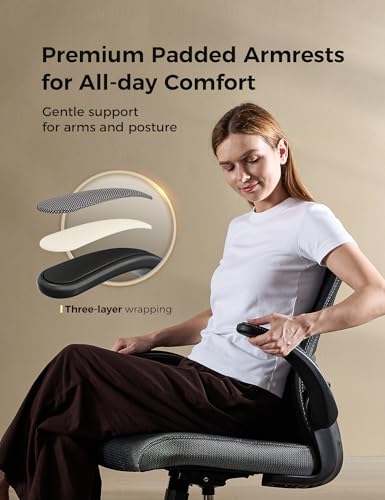 Ergonomic Mesh Office Chair with Flip-Up Armrests | Comfortable Lumbar Support / Comfy Padded Seat / Flip-Up Armrests / Breathable Mesh / Adjustable Height / 360° Swivel - color: Blk-blk
