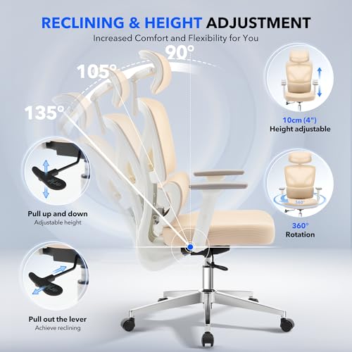Ergonomic Office Chair Mesh – Adjustable Lumbar 3D Armrests High-Back Desk - color: Beige-d1