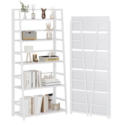 JSB 5 Tier Bookshelf, No Assembly Folding Ladder Bookshelf, 51.6in Tall Foldable Ladder Shelf, Bookcase for Home Office, Living Room,Space-Saving (All White, 5 Tier) - color: All White