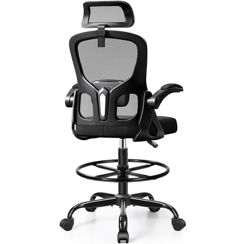 Drafting Chair, Tall Office Chair for Standing Desk, Ergonomic High Back with Headrest, Lumbar Support, Foot Ring and Flip-up Armrests, Black - color: Black