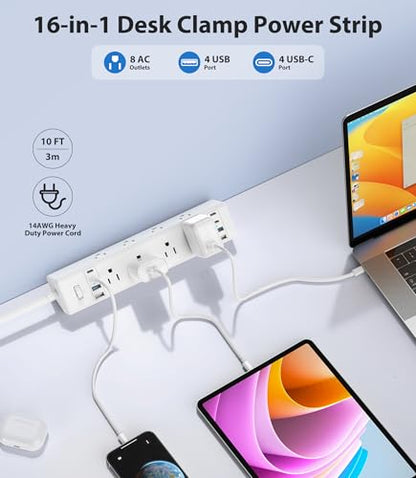 Jgstkcity Desk Clamp Power Strip 40W USB C,8-Outlet,8 USB,10FT,White | 40W Fast Charging Station,4 USB-C,4 USB-A,Furniture Nightstand Edge Mount Surge Protector, Fits 1.9" Tabletop Edge - color: White, size: 10FT Length
