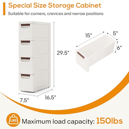 4 Drawers Slim Bathroom Storage Cabinet Dresser, Narrow Plastic Rolling Cart Organizer with Drawers, for Small Spaces, Kitchen, Laundry, Office, Bedroom, White - size: 7.5"x16.5"xx28.9"(4-Drawer)