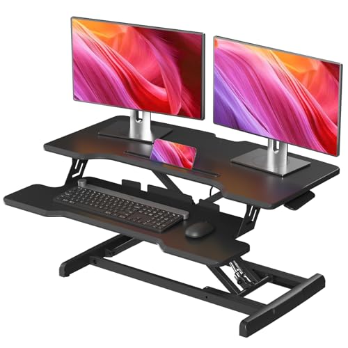 32" Standing Desk Converter, Quick Sit to Stand Desk Riser | Height Adjustable Stand up Desk with Keyboard Tray for Dual Monitor, Copmputer Workstation for Home Office, Black - color: Black, size: 32"