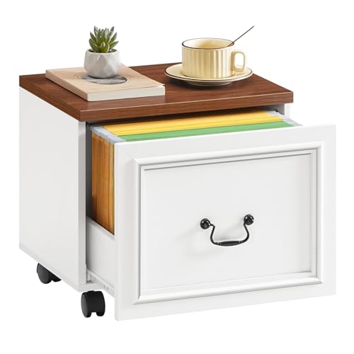 MAHANCRIS 1 Drawer File Cabinet, Rolling File Cabinet for Home Office, Wooden Under Desk Storage, Printer Stand with Drawers, for A4/Letter-Size Files, White and Walnut FCBA3701 - size: 1 Drawer