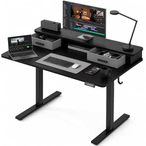 Grandder Electric Standing Desk with Two Drawers, Sit to Stand Up Height Adjustable Desk with Storage Shelf for Home Office, 47 * 24 Inch, Study, Ergonomic Adjustable Computer Desk, Black - color: Black, size: 47 Inch