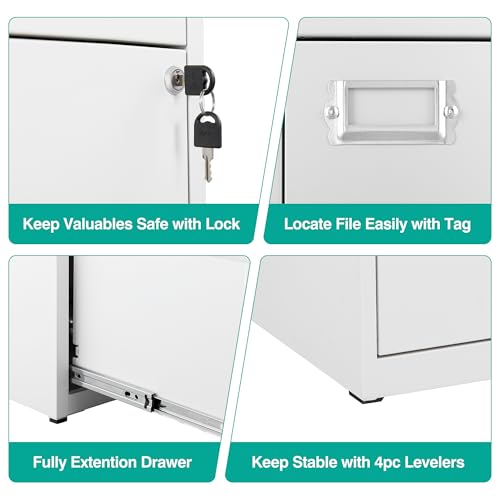 2 Drawer File Cabinet with Lock,Narrow Vertical Filing Cabinet,Under Desk File Cabinets,White Metal File Cabinets for Home Office,Fit Letter/A4/Legal Size File,Easy Assembly - color: White, style: 2 Drawer