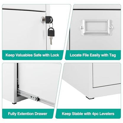 2 Drawer File Cabinet with Lock,Narrow Vertical Filing Cabinet,Under Desk File Cabinets,White Metal File Cabinets for Home Office,Fit Letter/A4/Legal Size File,Easy Assembly - color: White, style: 2 Drawer