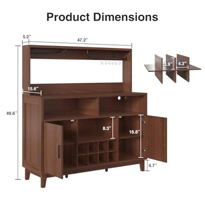 Fluted Buffet Cabinet with Storage, Modern Coffee Bar Cabinet, Walnut - color: Walnut, size: Coffee Bar - 15.6"D x 47.2"W x 49.6"H