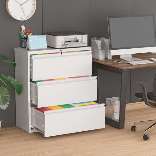 Pataku Metal Lateral File Cabinet with Lock, Steel Filing Cabinet 3 Drawer, Locking Office Home Wide Organization File Cabinets for Hanging Files Letter/Legal/F4/A4 Size, (White-3Drawer) - color: White, size: 3 drawer