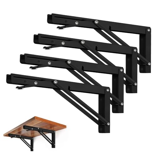 Storystore Folding Shelf Brackets - 12 Inch Heavy Duty Metal Collapsible Shelf Bracket for Bench Table, Shelf Hinge Wall Mounted Space Saving DIY Bracket, Max Load: 150 lb (4 PCS, Black) - size: 12 Inch 4 PCS