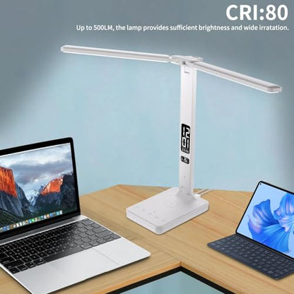 LED Desk Lamp with Charger, USB Charging Port, Dual Swing Arm Desk Light with 5 Brightness, 3 Colors, Table Lamp with Clock, Alarm, Date, Temperature, Desk Lamp for Home Office Study (White) - color: Dual-Head White