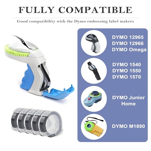 TITBIT 5 Rolls Compatible with DYMO Embossing Label Maker Refills Black | Embossing Tape 3/8 Inch 3D 1741670 for DYMO Manual Label Maker Organizer Xpress Pro 12965/12966 Office Mate II 1540 1610 - style: Black