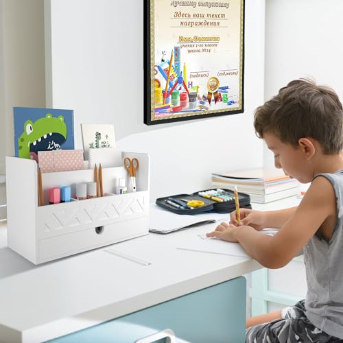 Wisuce Bamboo Mail Organizer with Drawer, Countertop Desk Organizer(White) | Made from Natural Bamboo Multi-Compartment Design Built-In Drawer No Assembly Required - color: 1 White