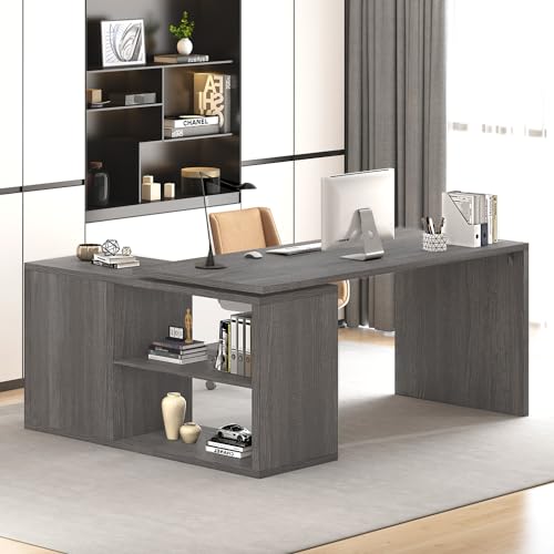 HSH L Shaped Computer Desk, Rustic Wood Corner Desk, Dark Gray Oak, 55 inch | Reversible L Shape Computer Desk with Cabinet Shelves, Adjustable Industrial Wood Workstation for Work Study Writing Gaming - color: Dark Gray Oak