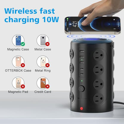 20FT Power Strip Tower Surge Protector with 15W Wireless Charger - size: 20Feet