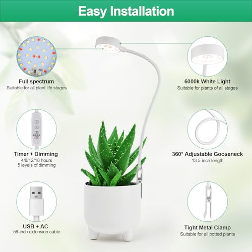 Grow Light, Pot Clip LED Growing Lamp for Indoor Succulents Pot Mini Small Plants,6000K White Full Spectrum with 5-Level Dimmable, Auto Timer 4/8/12/18 Hrs