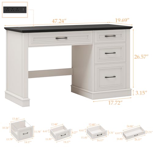 Vabches Farmhouse 47" Workstation Computer Desk with Drawers, Antique Black | Executive Desk with File Drawer and Charging Station for Home Office,Study. - color: Antique Black