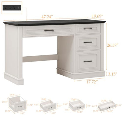 Vabches Farmhouse 47" Workstation Computer Desk with Drawers, Antique Black | Executive Desk with File Drawer and Charging Station for Home Office,Study. - color: Antique Black
