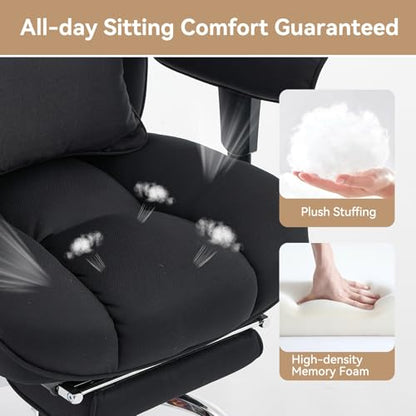 Efomao Executive Office Chair, Mesh Black Fabric Big and Tall Desk Chair | Breathable fabric, pocket spring & foam seat, retractable footrest, 135° recline for computer gaming setup - color: 3084mus-black