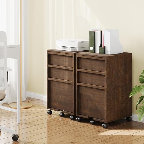 Garvee Rolling File Cabinet with 3 Drawers, Wood Mobile Filing Cabinet for Home Office, Under Desk Printer Stand with Wheels, Large File Drawer, 2 Locking Casters, Brown - color: Brown