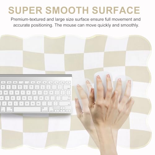 L-SPOUTTO Beige Checkered Mouse Pad,Scalloped Desk Mat XXL Gaming Mousepad | Geometric Large 35.4x15.7in Non-Slip Rubber Base Keyboard Pad Waterproof Desktop Mat for Laptop Computer Game Home Office - color: Beige Checkered