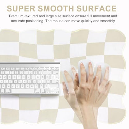 L-SPOUTTO Beige Checkered Mouse Pad,Scalloped Desk Mat XXL Gaming Mousepad | Geometric Large 35.4x15.7in Non-Slip Rubber Base Keyboard Pad Waterproof Desktop Mat for Laptop Computer Game Home Office - color: Beige Checkered