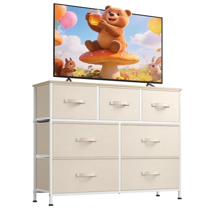 WLIVE 7 Drawer Dresser TV Stand, Entertainment Center, Media Console Table with Metal Frame and Wood Top for TV up to 45 inch, Chest of Drawers for Bedroom, Living Room, Cream White - color: Cream White
