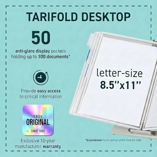 Tarifold Desktop Reference Display System, 50 Pockets, Expandable, White | 50 Double-Sided PVC Pockets, Holds 100 Letter-Size Sheets, Sturdy Metal Base, Quick-Find Indexing, Quick and Easy to Assemble - color: White, size: 50 Pockets