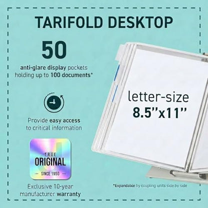 Tarifold Desktop Reference Display System, 50 Pockets, Expandable, White | 50 Double-Sided PVC Pockets, Holds 100 Letter-Size Sheets, Sturdy Metal Base, Quick-Find Indexing, Quick and Easy to Assemble - color: White, size: 50 Pockets