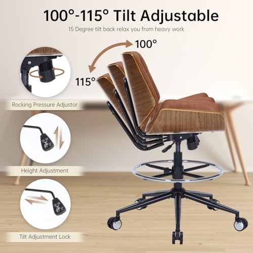 Drafting Office Chair Ergonomic Executive Computer Standing Desk Chair with Adjustable Height and Footrest Ring, Drafting Chair for Counter Height Desk and Drawing (Brown) - color: Brown