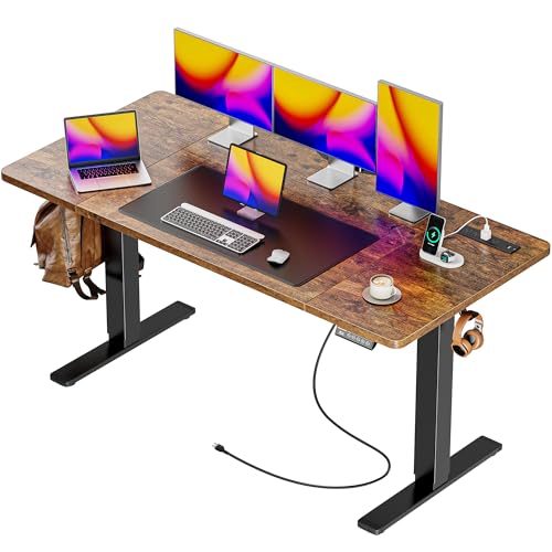 Huuger 55 x 28 Large Electric Standing Desk with 4 AC Outlets, Type-C Port, Height Adjustable Computer Desk, 27.6" Deep Desktop, Stand up Gaming Office Desk, 3 Preset Heights, Rustic Brown - color: Rustic Brown, size: 55*28 inch (with outlets)