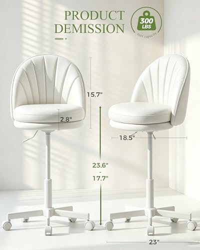 GTPOFFICE Vanity Chair with Back, Adjustable Tall Office Chair High Swivel Bar Stools Fluffy Cute Desk Chair Comfy with Wheels Armlees Counter Height for Adults Standing Desk Bar, Smooth Pu, White - color: Pu-white